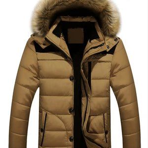 Men's Fall/Winter Fleece Parka Padded Jacket With Faux Fur Hoodie Khaki / S(36)